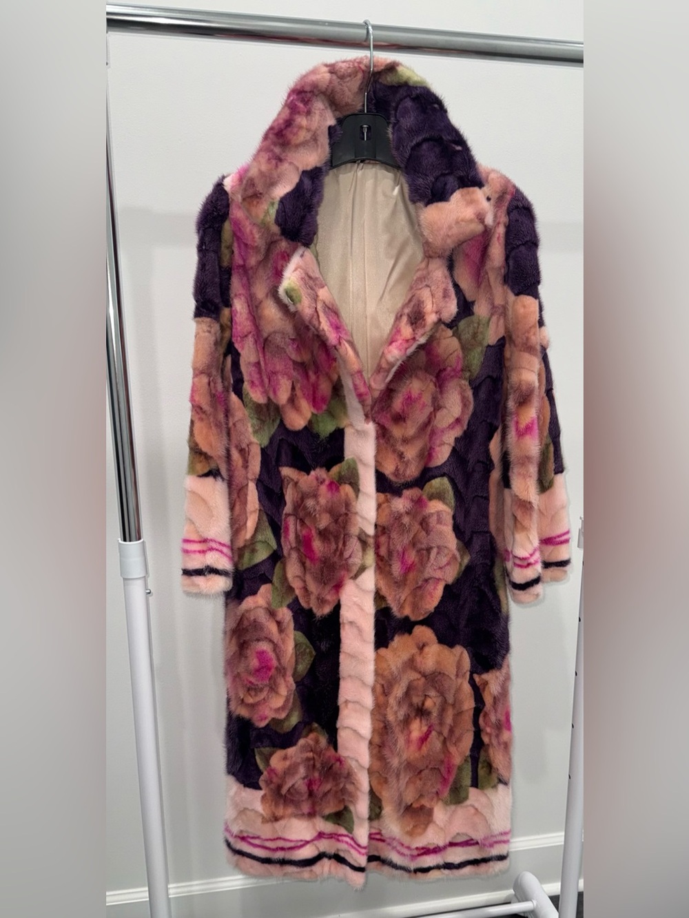 Women's Floral Mink Fur Trench Coat in Purple & Pink